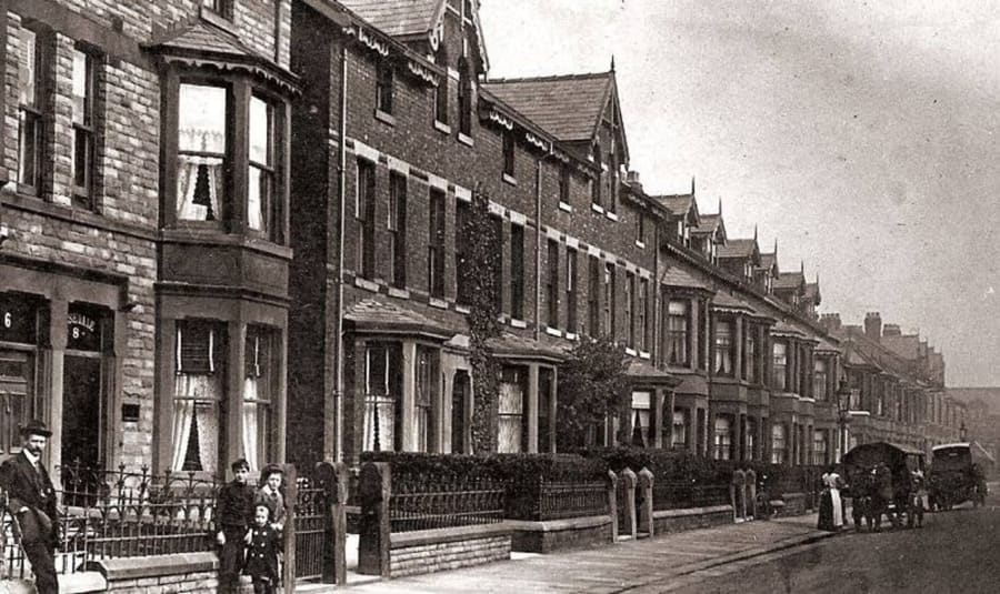 Sepia photograph of the Victorian terraced houses on Crystal Road with a horse and cart parked in the street